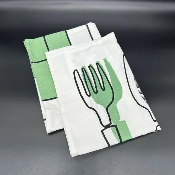 Kitschy Kitchen Dish Towels Green Black White Hanging Loop IKEA Rinnig Cotton - Picture 1 of 7